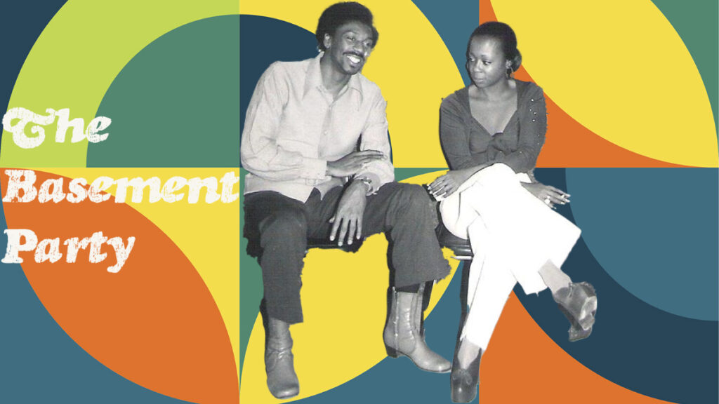 The basement party in white lettering to the left of psychedelic graphic background with a photo of a man and woman in a sitting position.