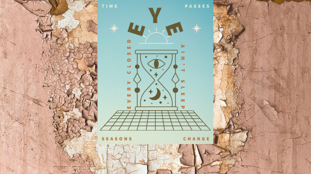 background image of cracked paint with a blue poster with brown lettering