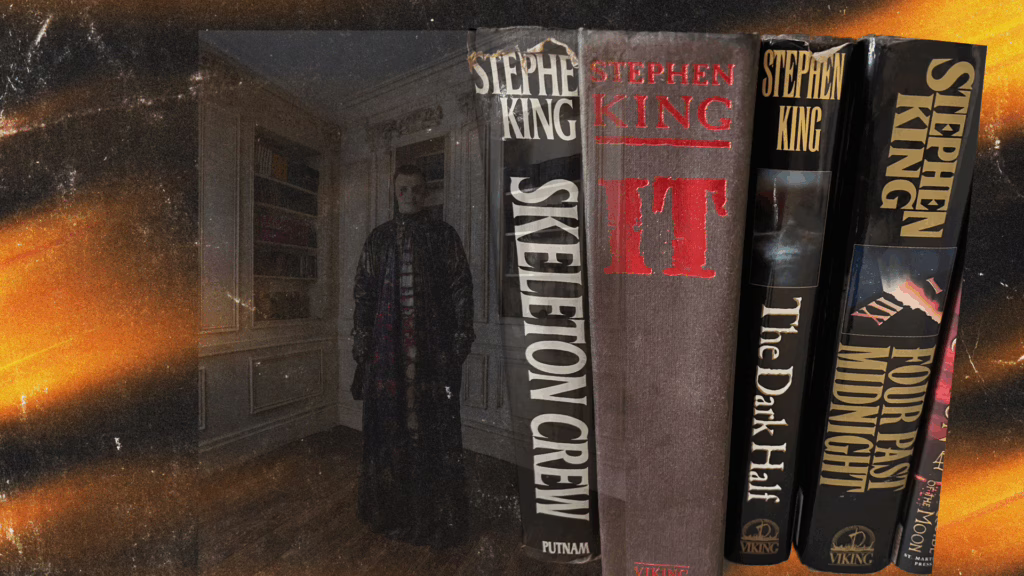 A surreal and eerie digital collage featuring five Stephen King novels prominently aligned in a vertical row: "Skeleton Crew," "IT," "The Dark Half," "Four Past Midnight," and part of a sixth partially obscured book. All book spines are shown in vivid detail, with aged textures and wear visible on the covers. Behind the books, semi-transparent and ghostlike, stands a sinister figure in a dimly lit, ornate library room with paneled walls and a bookshelf. The figure is male, pale-faced, wearing a long dark coat and staring blankly forward, adding a haunting presence. The background is overlaid with smoky, gritty textures and orange fiery light leaks, giving the image an ominous, horror-themed atmosphere.