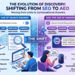 This illustrative infographic titled "The Evolution of Discovery: Shifting From SEO to AEO" presents a detailed side-by-side comparison between the two methodologies, moving from traditional search to conversational AI-driven answers.